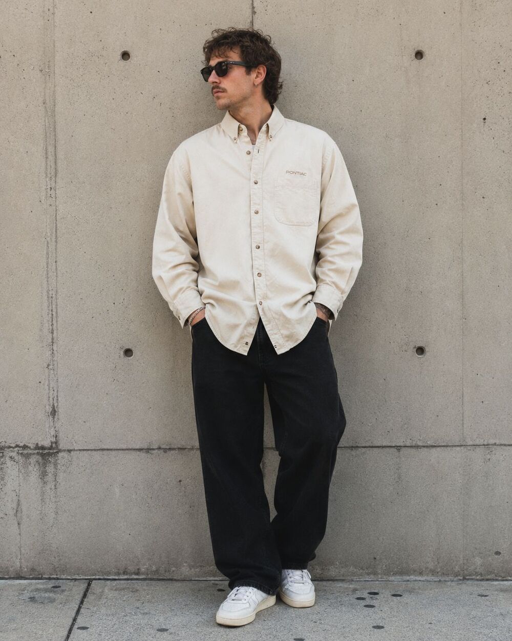 Vintage 90s Swingster Pontiac Mens XL Ivory Button Down Shirt Embroidered Auto